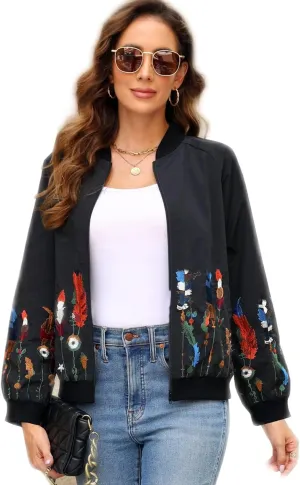AK Women's Embroidered Jackets Stand Collar Zip up Long Sleeve Casual Jacket with Pockets Running Sweatshirts Outwear Tops
