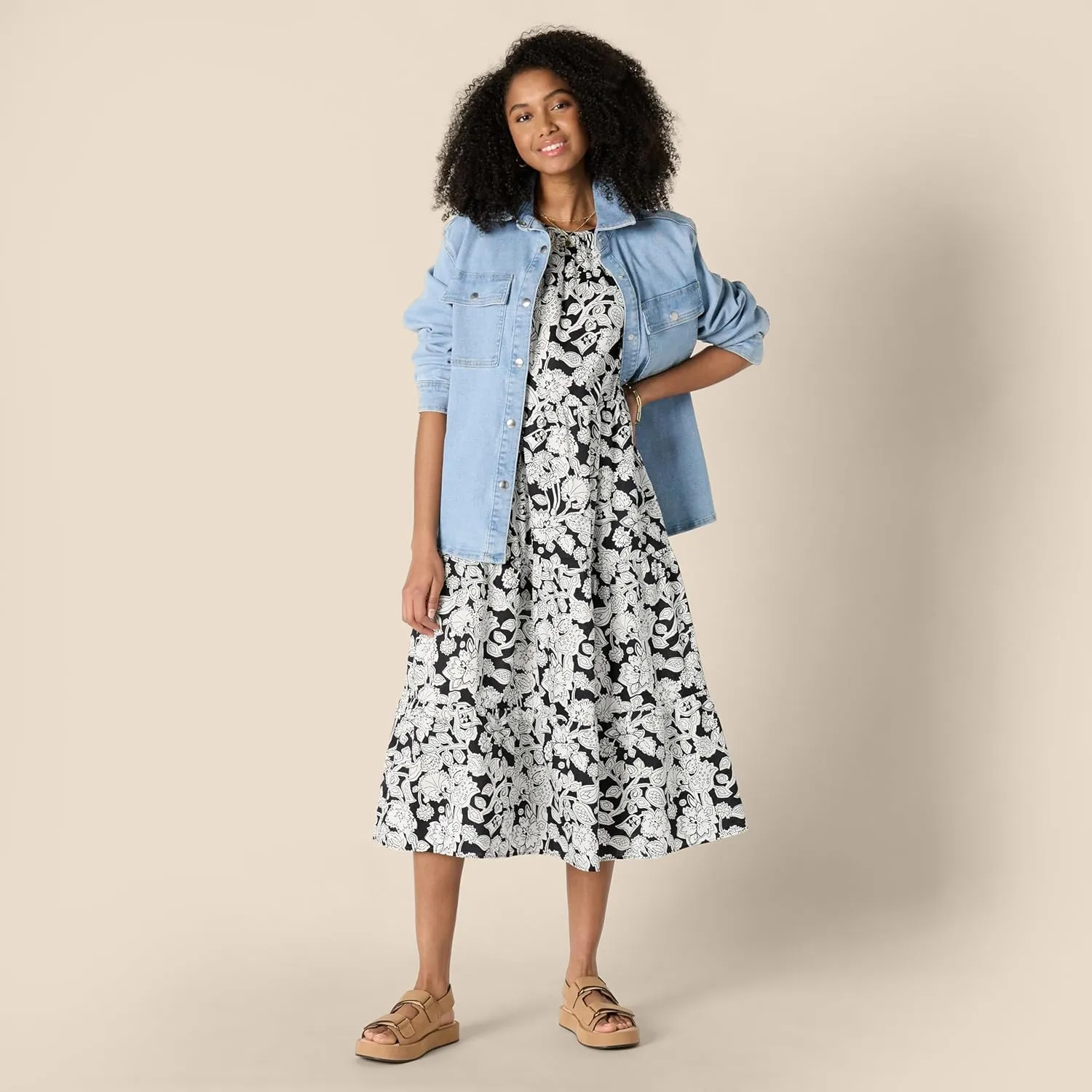 Amazon Essentials Women's Relaxed-Fit Cotton Sateen Crewneck Tiered Midi Dress