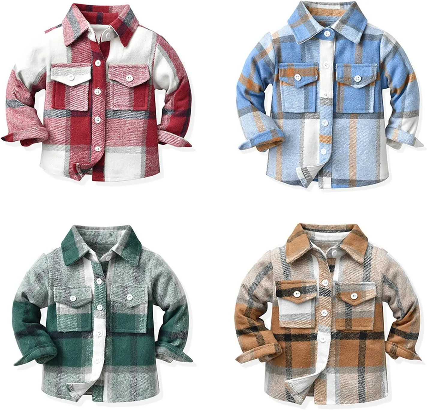 Baby Boys Kids Long Sleeve Button Down Plaid Shirts Fall Winter Flannel Shacket Jackets Tartan Tops