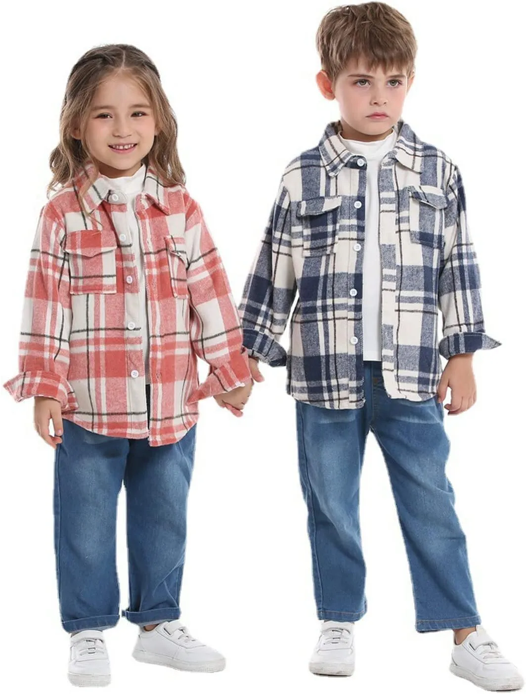Baby Boys Kids Long Sleeve Button Down Plaid Shirts Fall Winter Flannel Shacket Jackets Tartan Tops