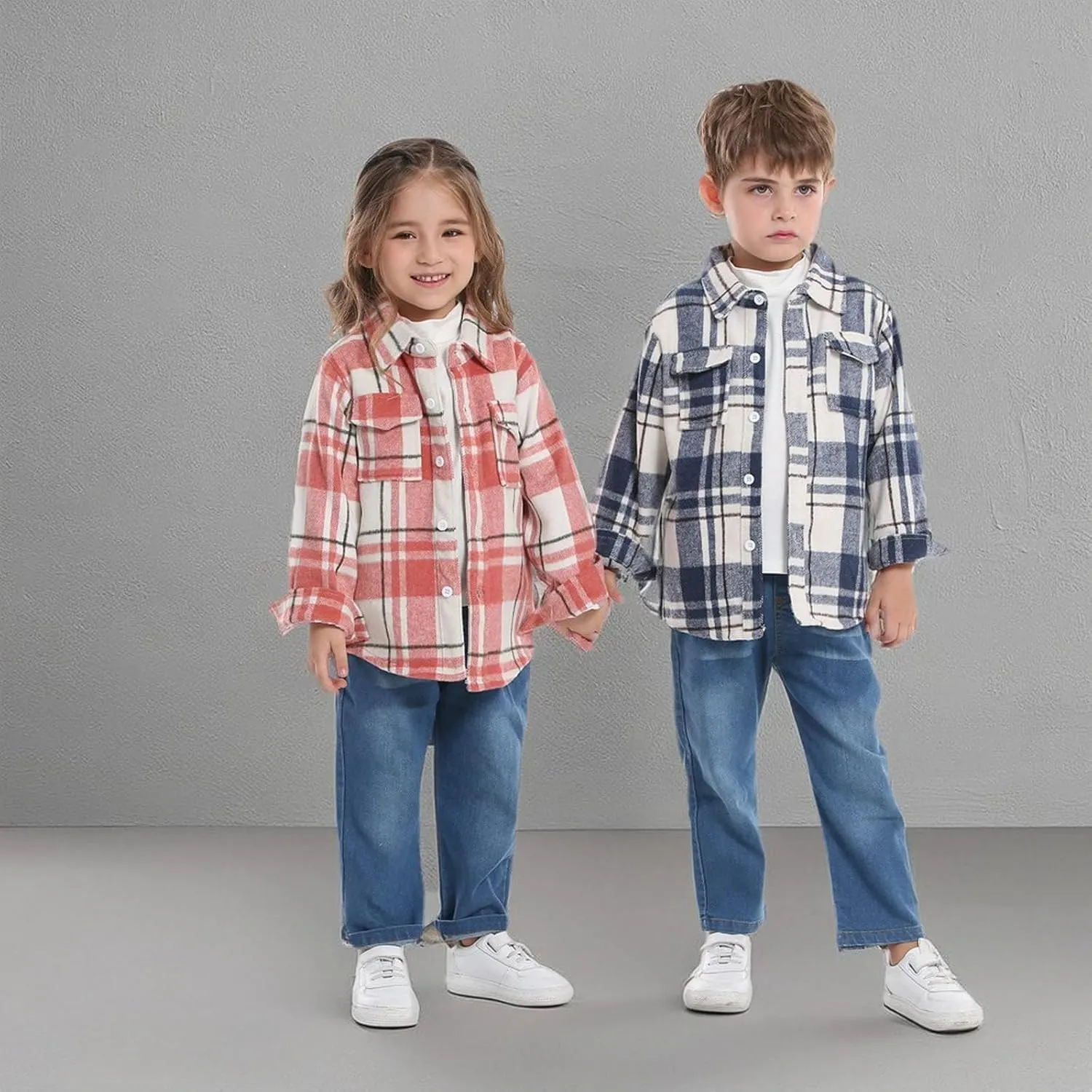 Baby Boys Kids Long Sleeve Button Down Plaid Shirts Fall Winter Flannel Shacket Jackets Tartan Tops