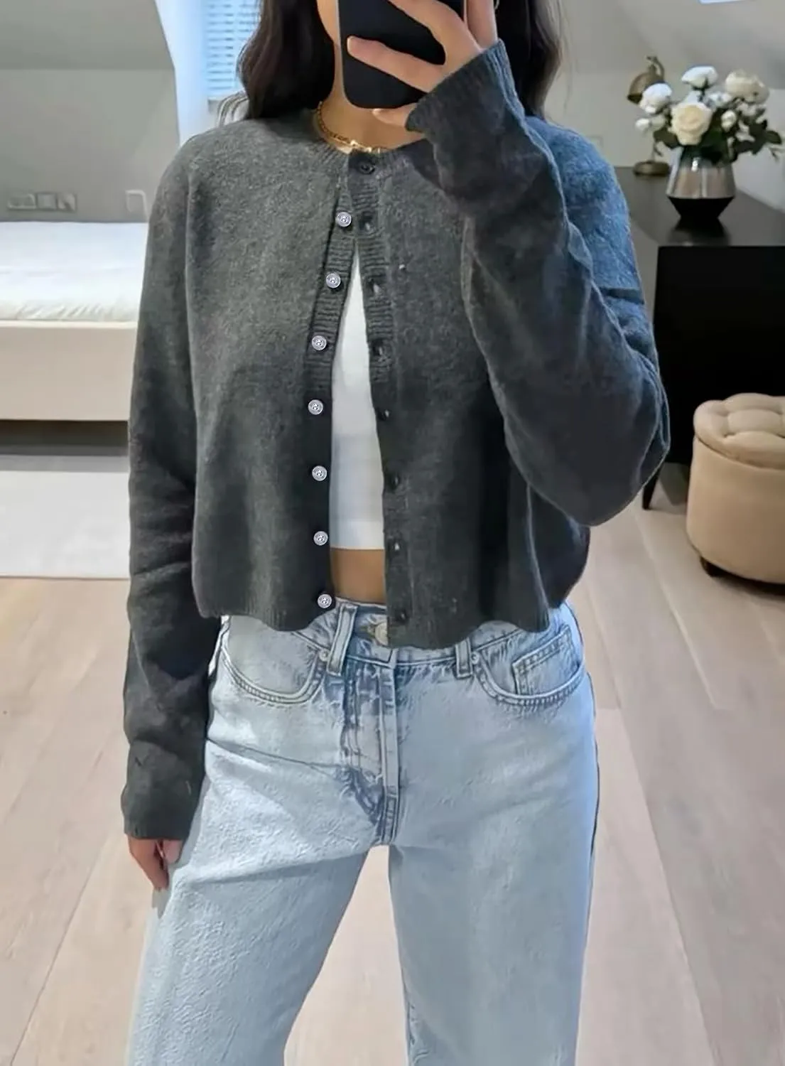 BAIGRAM Women Cute Fall Button Up Open Front Cardigan Lightweight Long Sleeve Crop Sweater Tops Knit Pullover 2024