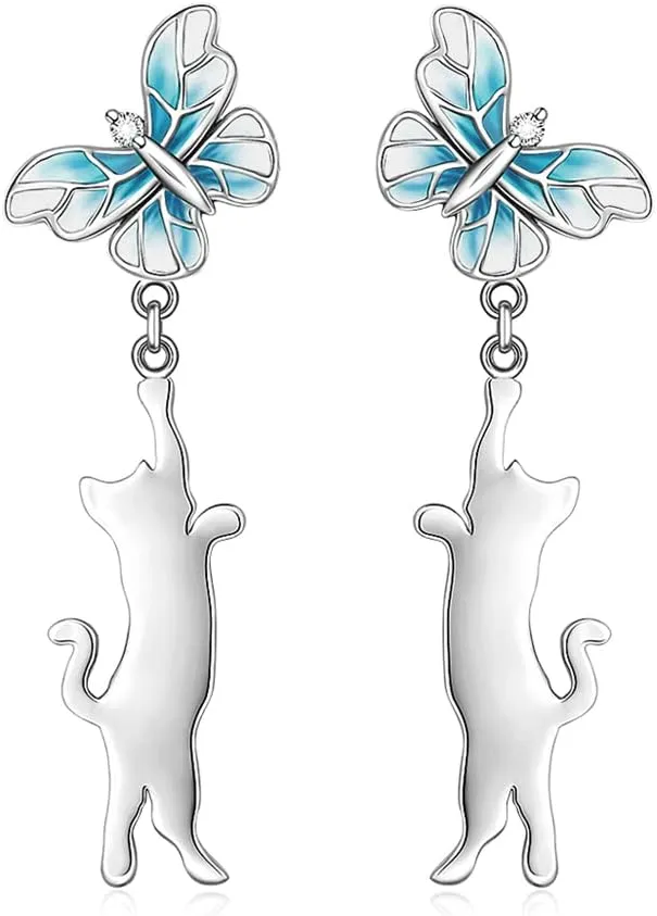 Cat Earrings for Women Dangle Blue Butterfly Earrings Studs Sterling Silver Earring Cat Jewelry Gifts