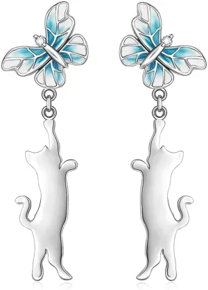 Cat Earrings for Women Dangle Blue Butterfly Earrings Studs Sterling Silver Earring Cat Jewelry Gifts