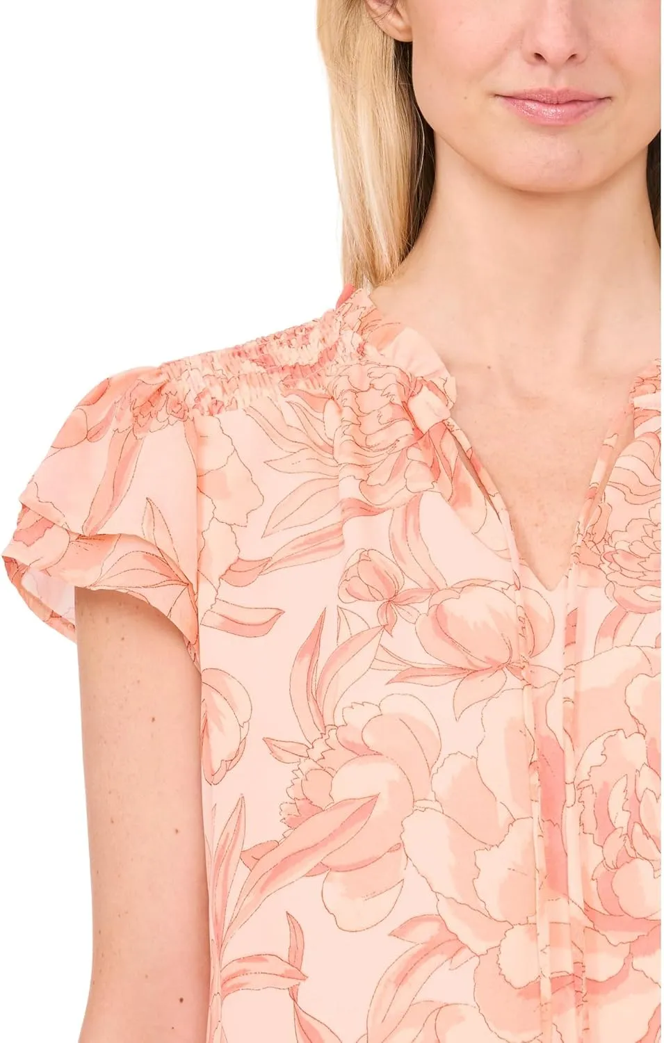 CeCe Women's Printed Tie Neck Smocked Shoulder Blouse