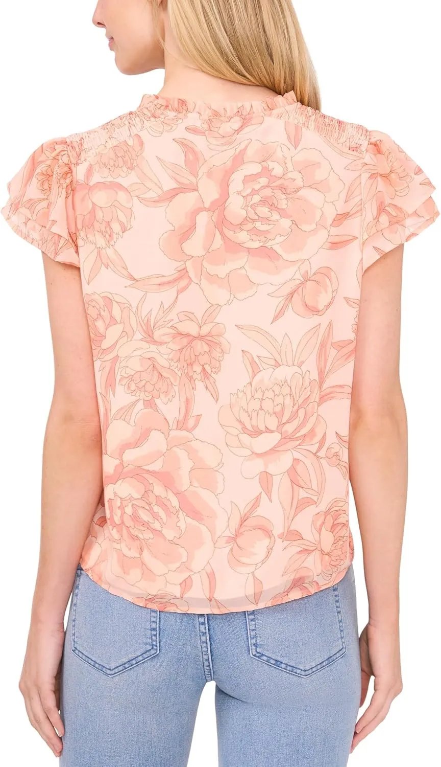 CeCe Women's Printed Tie Neck Smocked Shoulder Blouse
