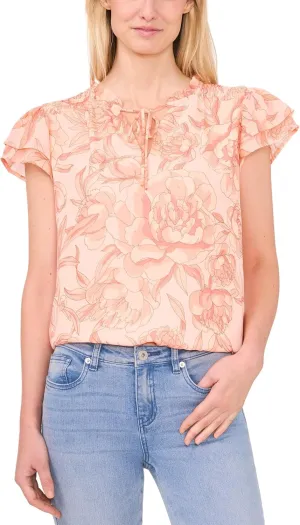 CeCe Women's Printed Tie Neck Smocked Shoulder Blouse
