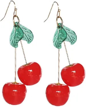 Cherry Cute Earrings for Women Red Funny Drop Dangle Earring Gold Plated Resin Green Leaf Tassel Valentine's Day Mother's Day Gift
