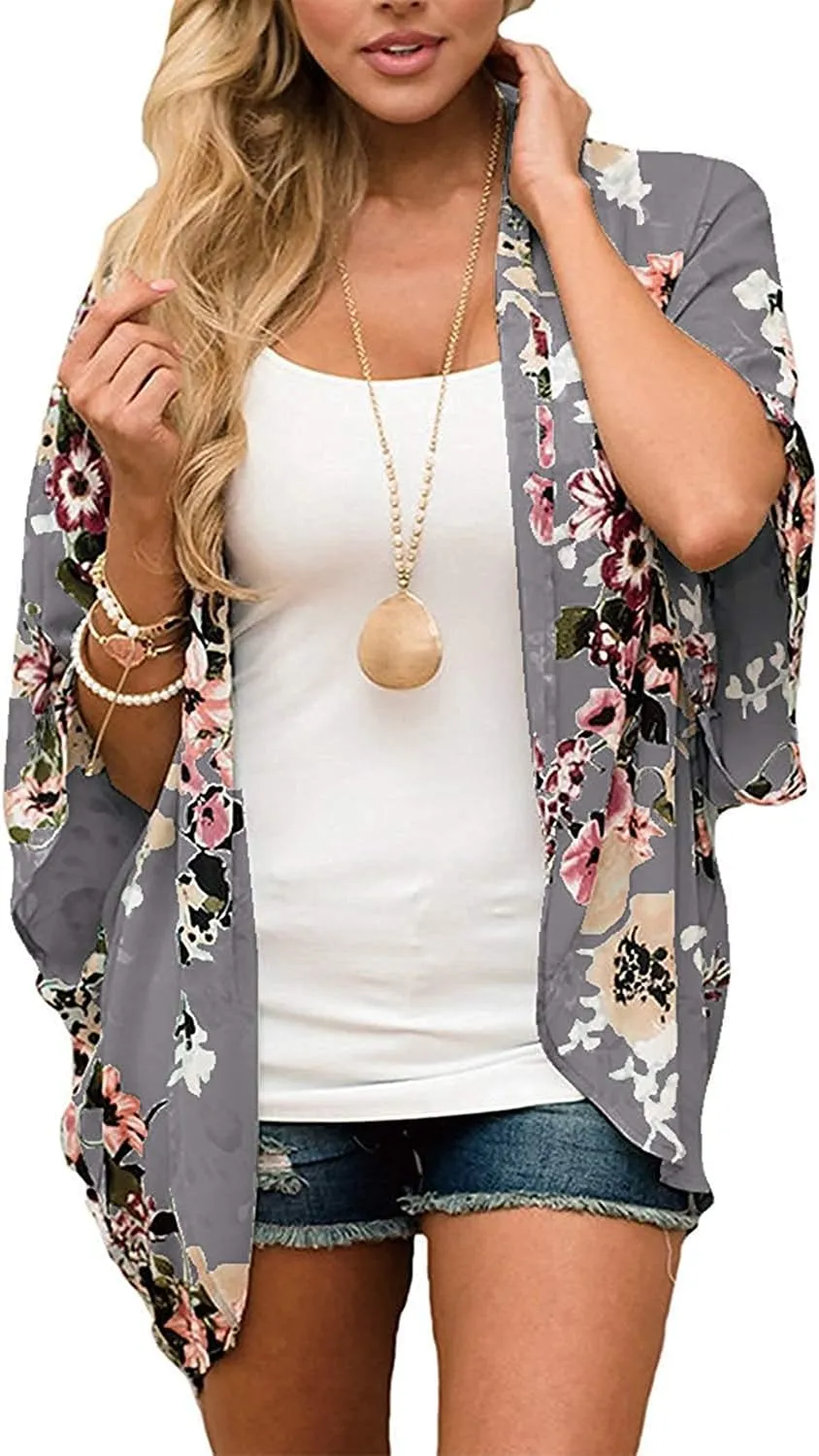 Chunoy Women Floral Print Lightweight Chiffon Kimono Cardigan Short Sleeve Loose Beach Wear Cover Up Blouse Top