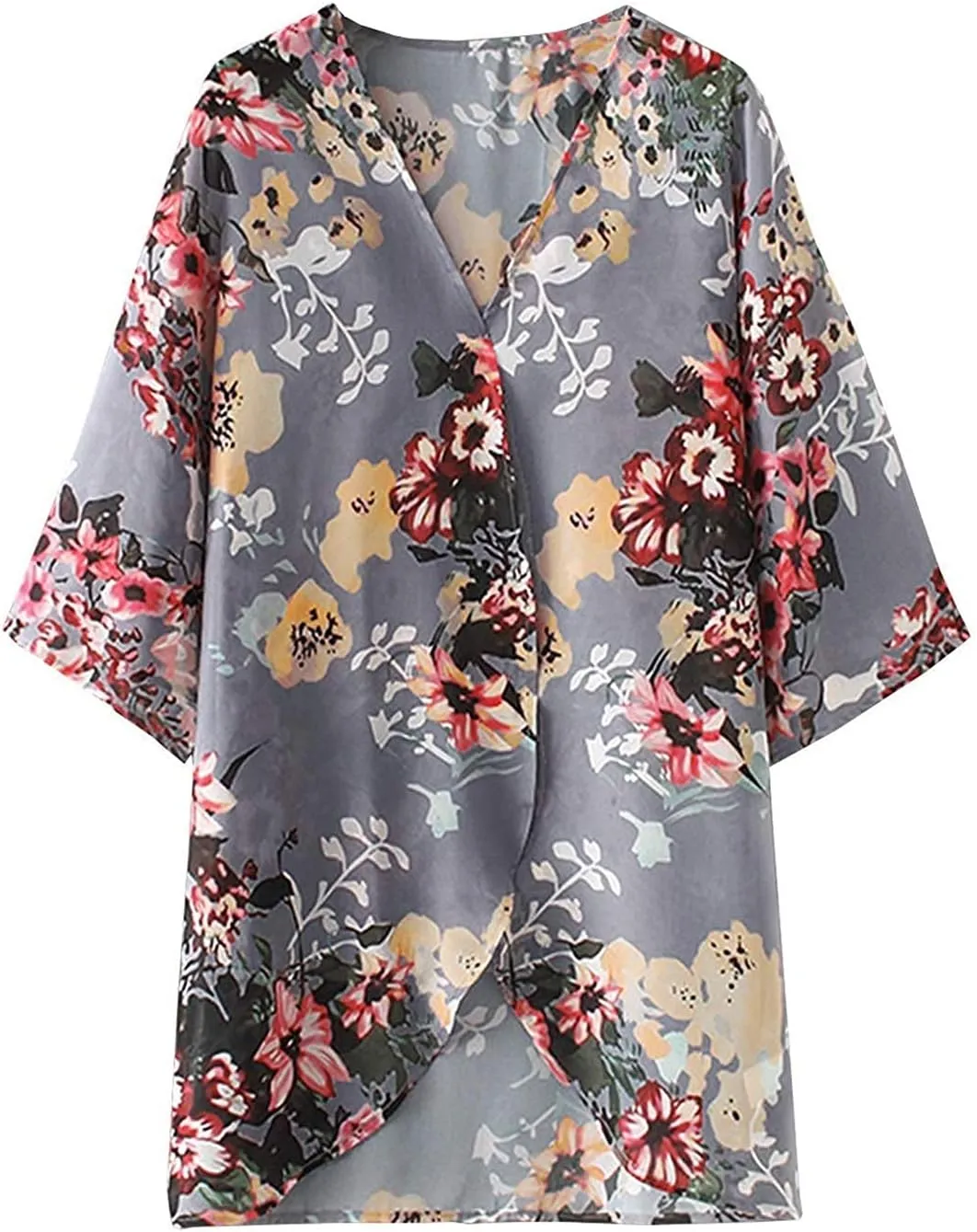 Chunoy Women Floral Print Lightweight Chiffon Kimono Cardigan Short Sleeve Loose Beach Wear Cover Up Blouse Top