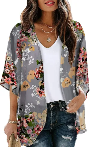 Chunoy Women Floral Print Lightweight Chiffon Kimono Cardigan Short Sleeve Loose Beach Wear Cover Up Blouse Top