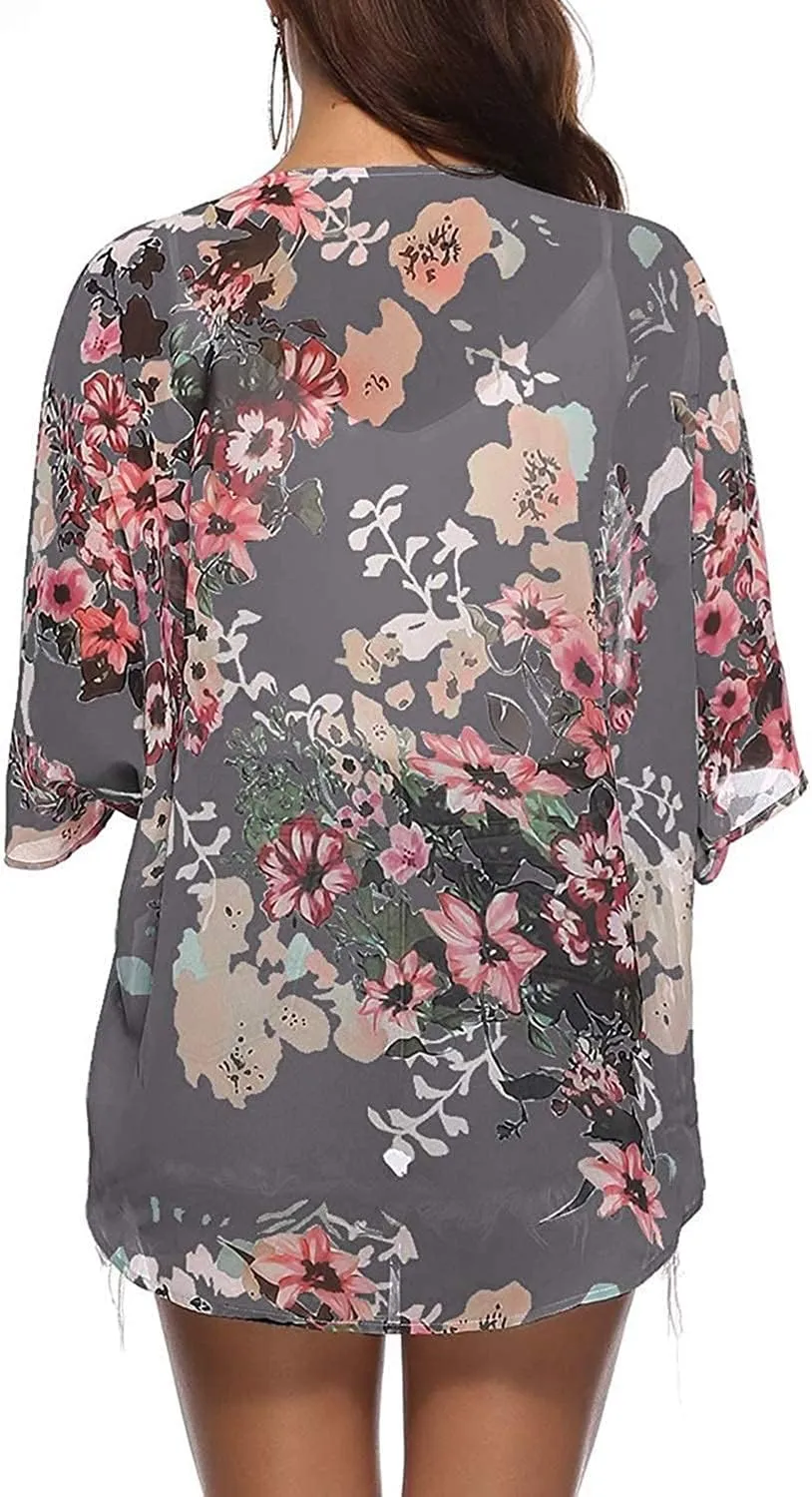 Chunoy Women Floral Print Lightweight Chiffon Kimono Cardigan Short Sleeve Loose Beach Wear Cover Up Blouse Top