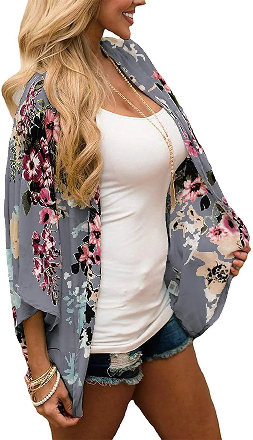 Chunoy Women Floral Print Lightweight Chiffon Kimono Cardigan Short Sleeve Loose Beach Wear Cover Up Blouse Top