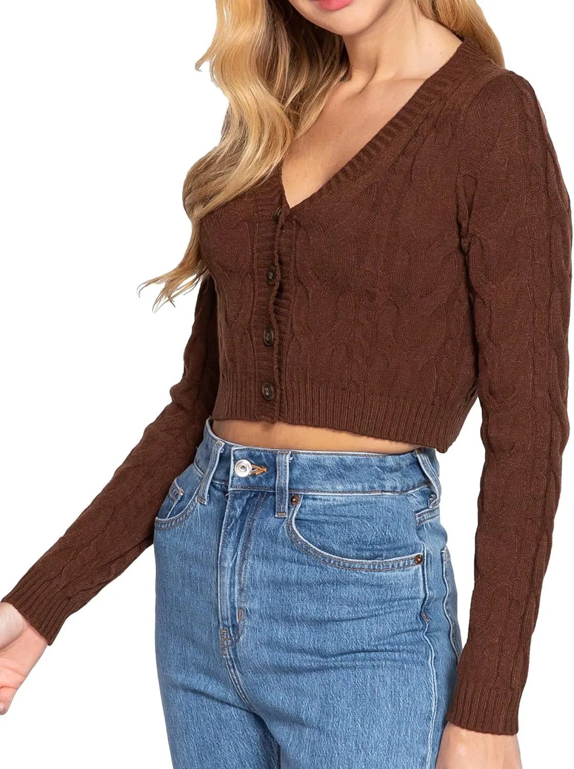 DAY VILLAGE Women's Casual Button Down Classic Retro Style Cable Pattern Cropped Sweater Knit Cardigan