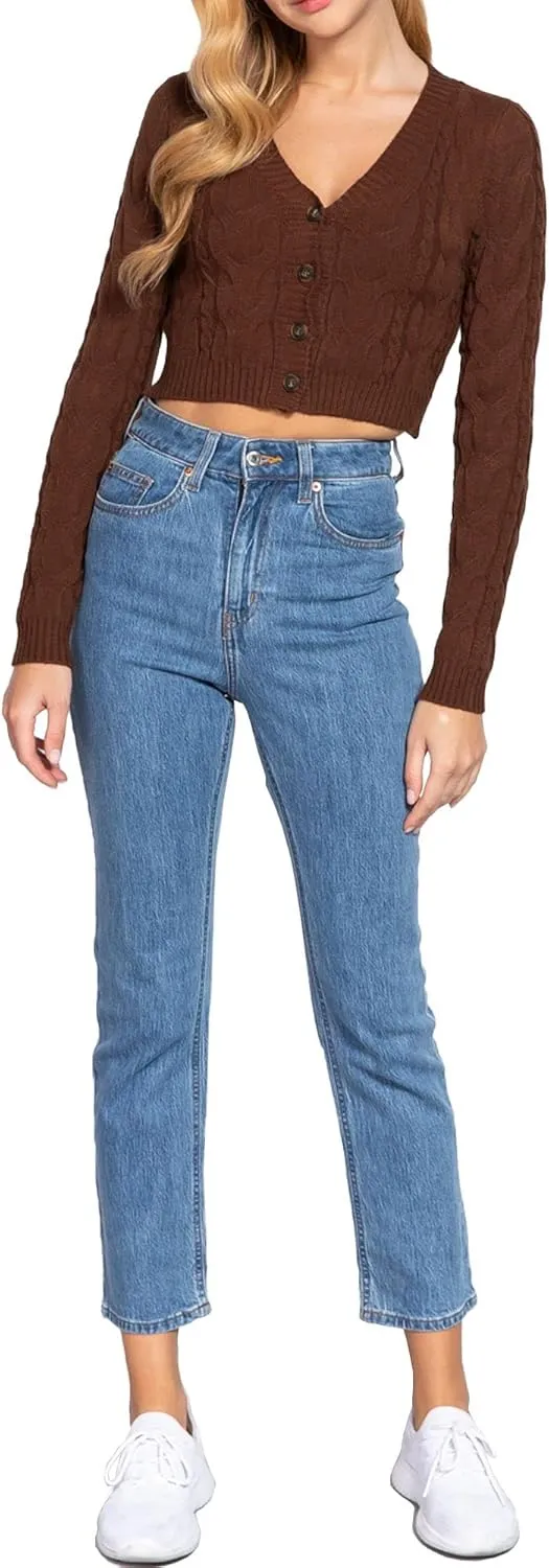 DAY VILLAGE Women's Casual Button Down Classic Retro Style Cable Pattern Cropped Sweater Knit Cardigan
