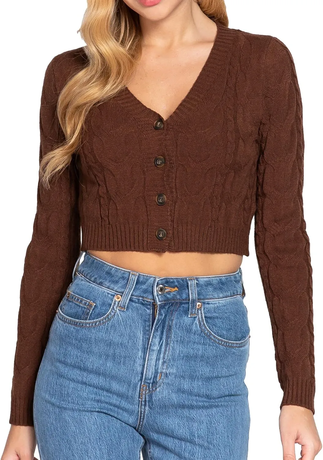 DAY VILLAGE Women's Casual Button Down Classic Retro Style Cable Pattern Cropped Sweater Knit Cardigan