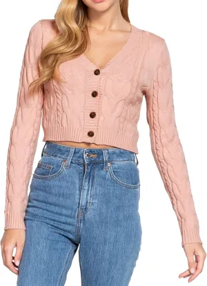 DAY VILLAGE Women's Casual Button Down Classic Retro Style Cable Pattern Cropped Sweater Knit Cardigan