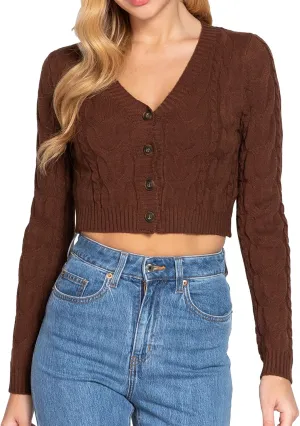 DAY VILLAGE Women's Casual Button Down Classic Retro Style Cable Pattern Cropped Sweater Knit Cardigan