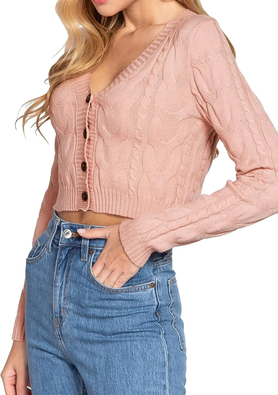 DAY VILLAGE Women's Casual Button Down Classic Retro Style Cable Pattern Cropped Sweater Knit Cardigan