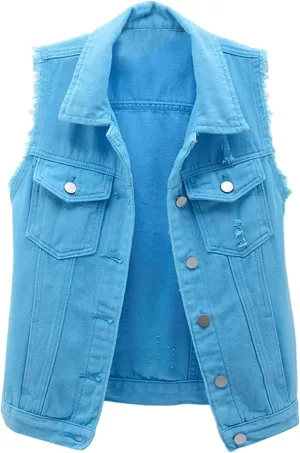 Denim Jacket for Women Casual Lapel Collar Sleeveless Denim Blazer Plus Size Cute Frayed Cropped Vest Top