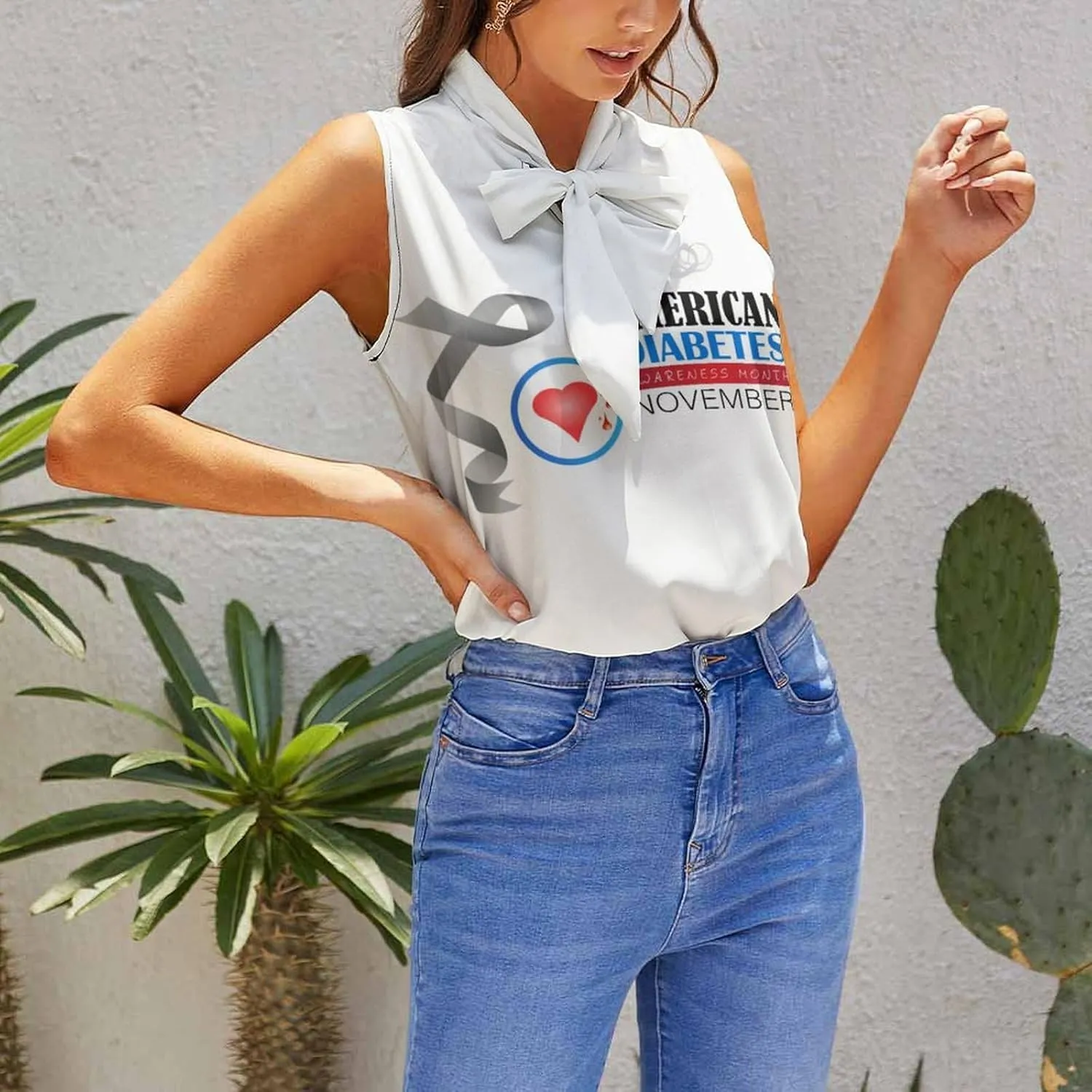 Diabetes Awareness Month Blue Ribbon Women's Shirt Bow Tie Knot Mock Neck Sleeveless Tank Top