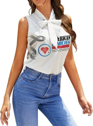 Diabetes Awareness Month Blue Ribbon Women's Shirt Bow Tie Knot Mock Neck Sleeveless Tank Top