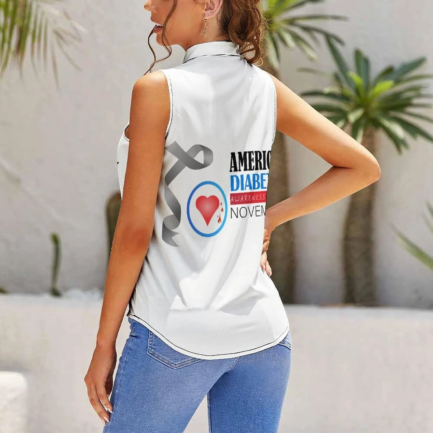 Diabetes Awareness Month Blue Ribbon Women's Shirt Bow Tie Knot Mock Neck Sleeveless Tank Top