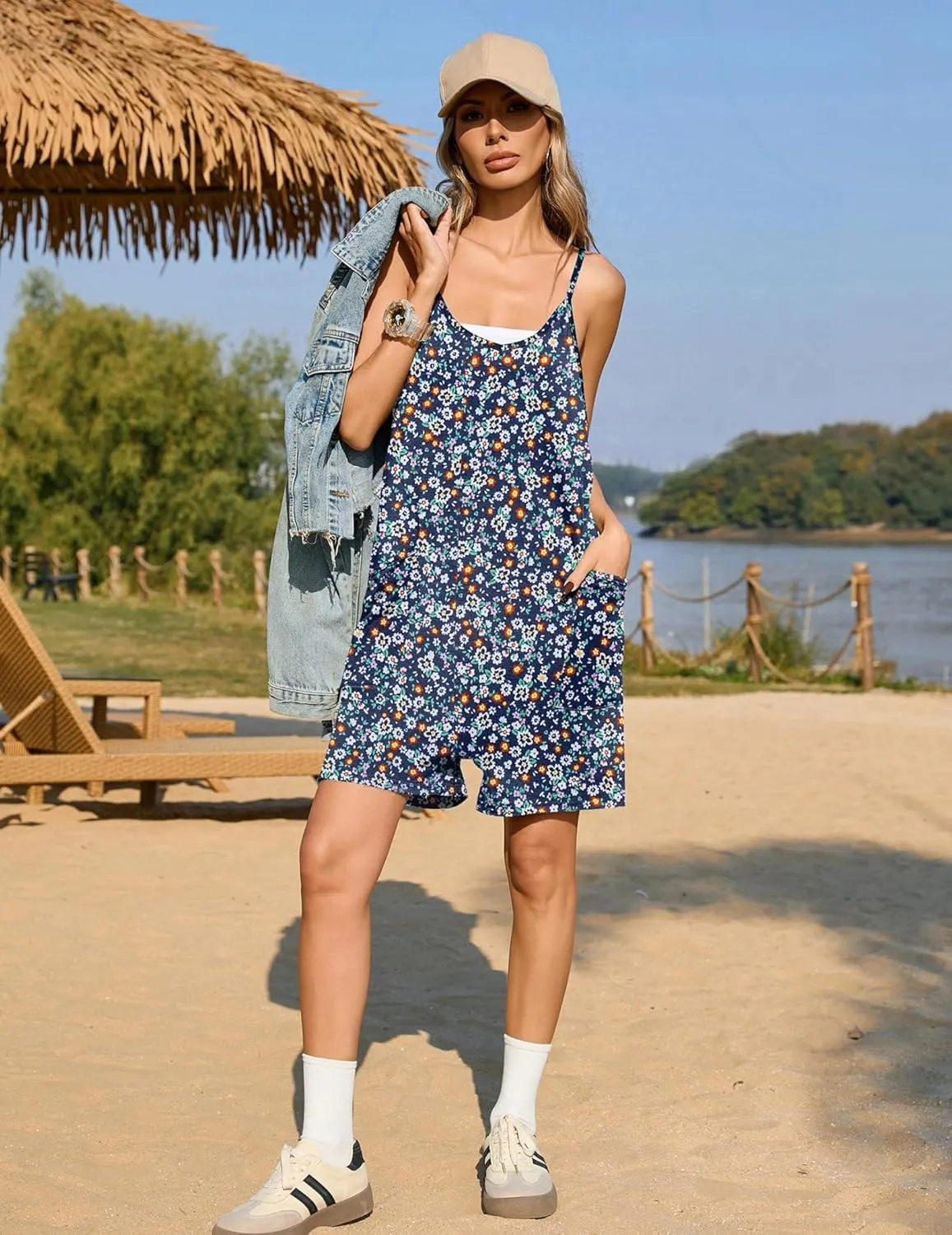 Ekouaer Womens Summer Casual Sleeveless Rompers Loose Spaghetti Strap Shorts Overalls Outfits 2025 Jumpsuits With Pockets