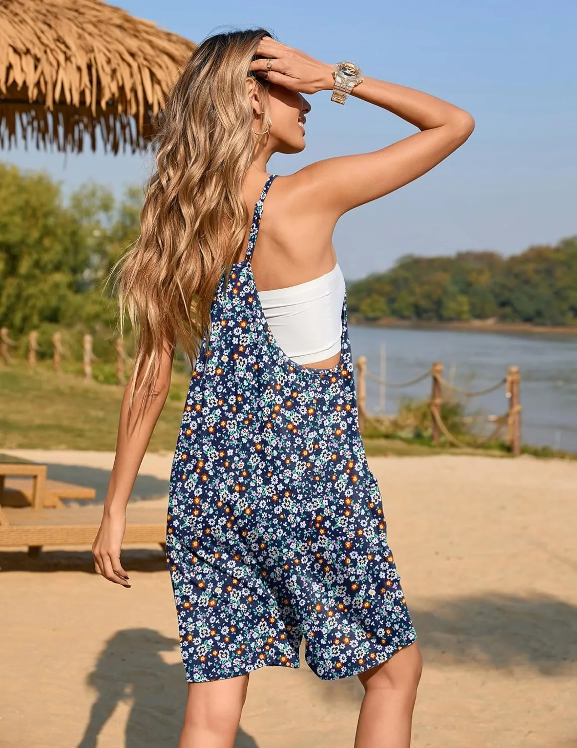 Ekouaer Womens Summer Casual Sleeveless Rompers Loose Spaghetti Strap Shorts Overalls Outfits 2025 Jumpsuits With Pockets