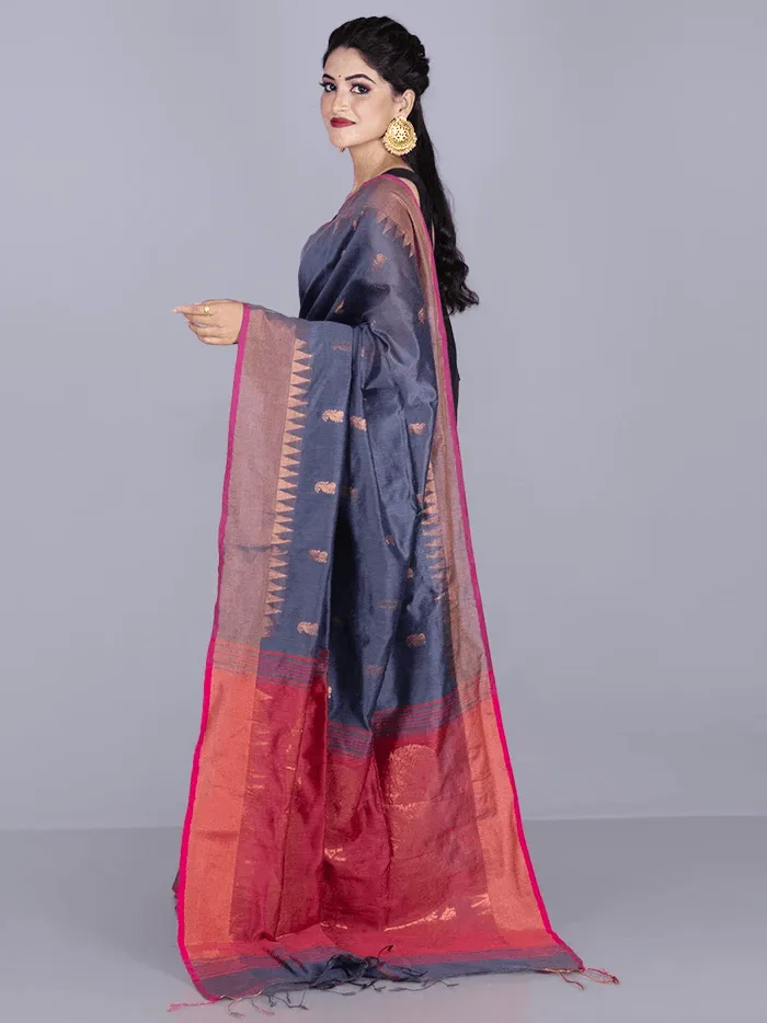 Elegant Black Gray Par Anchal Buti Handloom Saree