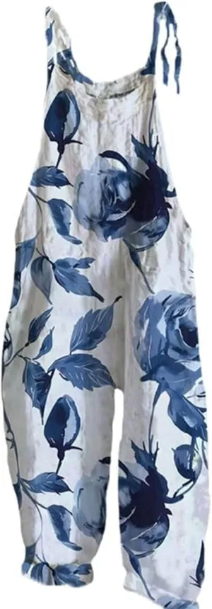 Floral Printed Bohemian Jumpsuits for Women Sleeveless Spaghetti Strap Rompers Wide Leg Loose Casual with Pockets