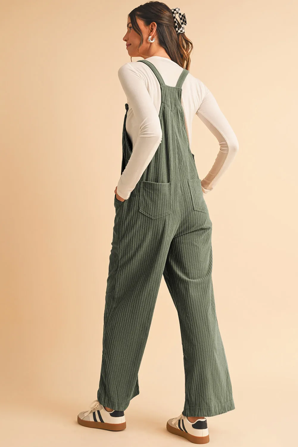 Gray Morn Plain Pocketed Loose Fit Corduroy Overalls