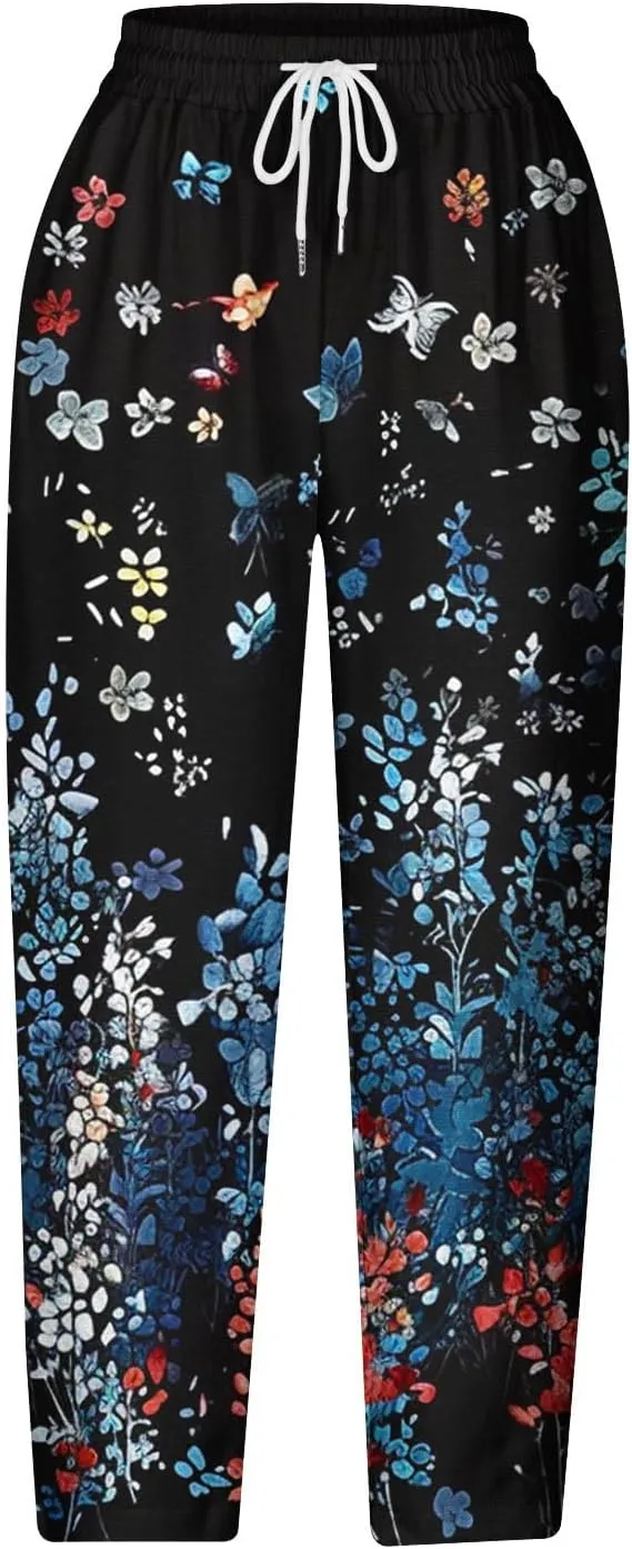 Hawaii Capri Pants for Women Casual Tropical Floral Print Pants Elastic High Waist Drawstring Summer Beach Trousers