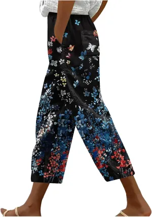 Hawaii Capri Pants for Women Casual Tropical Floral Print Pants Elastic High Waist Drawstring Summer Beach Trousers