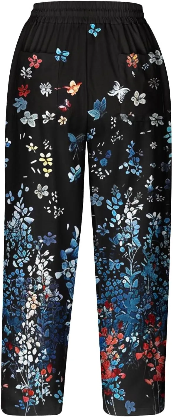 Hawaii Capri Pants for Women Casual Tropical Floral Print Pants Elastic High Waist Drawstring Summer Beach Trousers