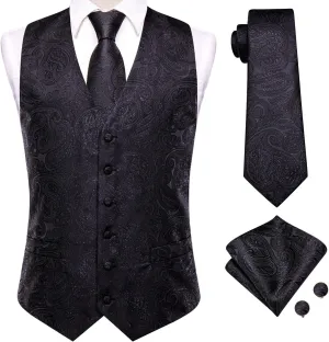 Hi-Tie Mens Suit Vest Tie set Classic Waistcoat and Necktie Handkerchief Cufflinks Suit Wedding Party