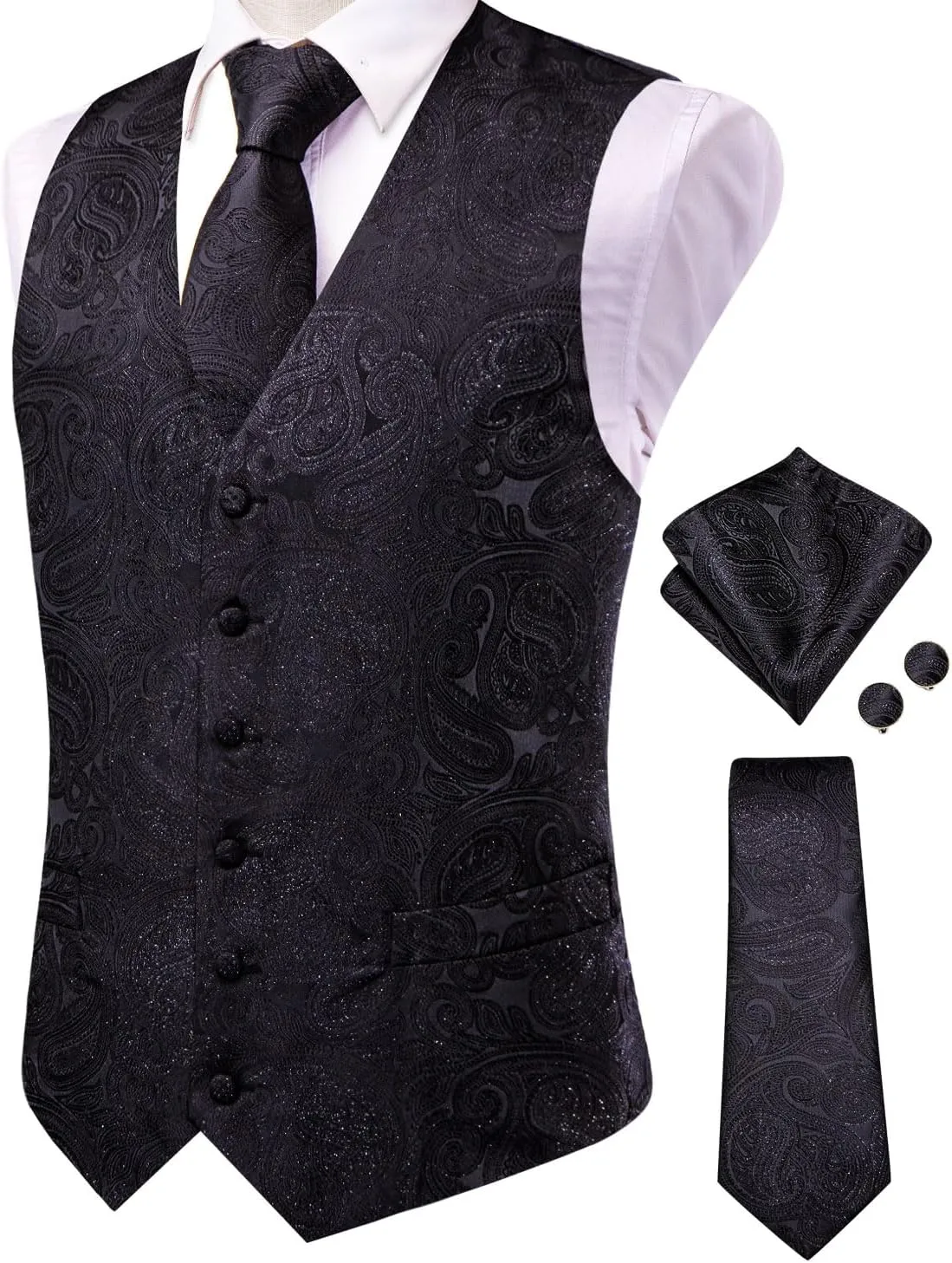 Hi-Tie Mens Suit Vest Tie set Classic Waistcoat and Necktie Handkerchief Cufflinks Suit Wedding Party