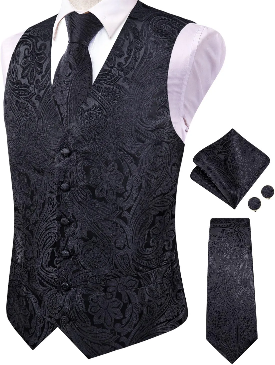 Hi-Tie Mens Suit Vest Tie set Classic Waistcoat and Necktie Handkerchief Cufflinks Suit Wedding Party