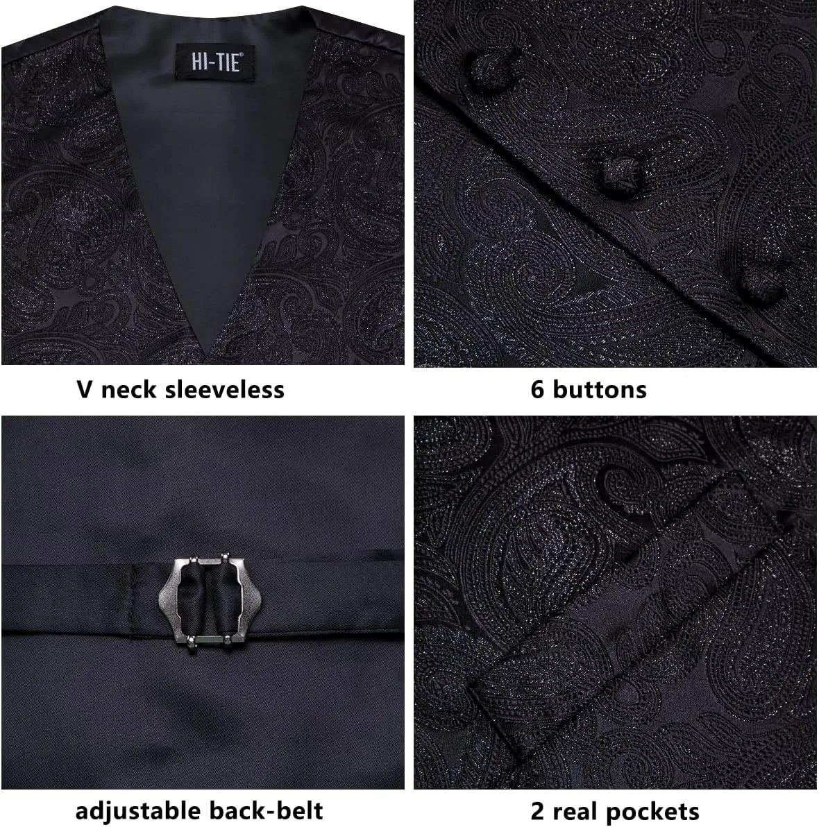 Hi-Tie Mens Suit Vest Tie set Classic Waistcoat and Necktie Handkerchief Cufflinks Suit Wedding Party