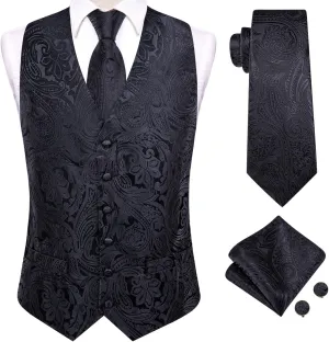 Hi-Tie Mens Suit Vest Tie set Classic Waistcoat and Necktie Handkerchief Cufflinks Suit Wedding Party