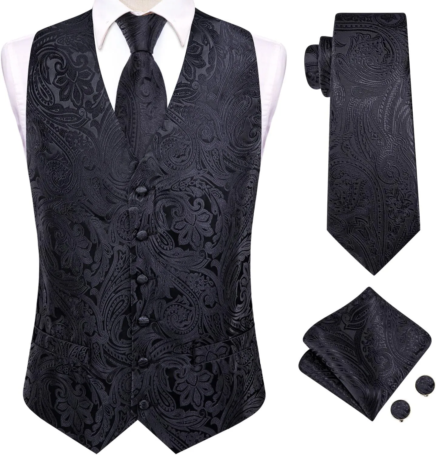 Hi-Tie Mens Suit Vest Tie set Classic Waistcoat and Necktie Handkerchief Cufflinks Suit Wedding Party