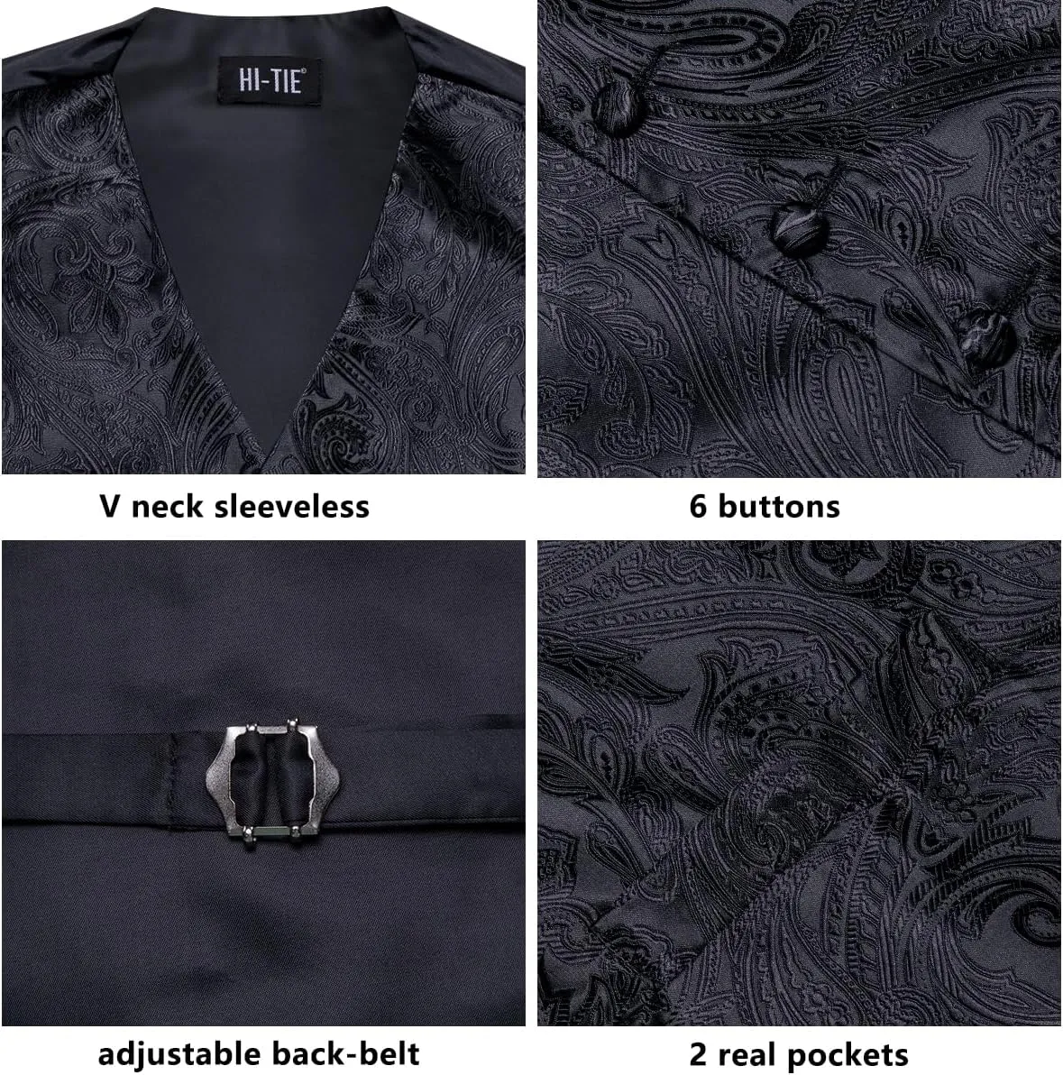 Hi-Tie Mens Suit Vest Tie set Classic Waistcoat and Necktie Handkerchief Cufflinks Suit Wedding Party