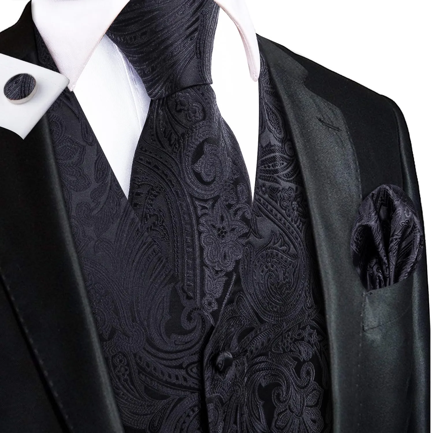 Hi-Tie Mens Suit Vest Tie set Classic Waistcoat and Necktie Handkerchief Cufflinks Suit Wedding Party