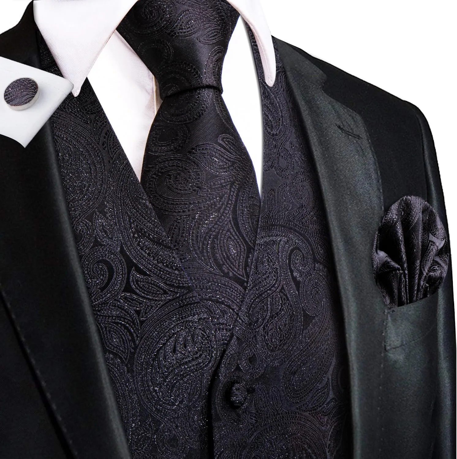 Hi-Tie Mens Suit Vest Tie set Classic Waistcoat and Necktie Handkerchief Cufflinks Suit Wedding Party
