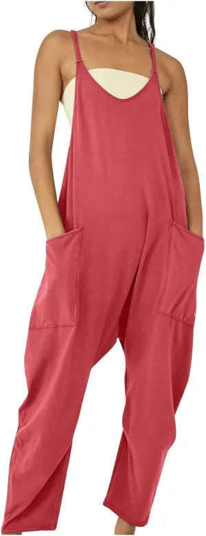 hlysgo Jumpsuits for Women Casual Summer Rompers Sleeveless Loose Spaghetti Strap Baggy Overalls Jumpers with Pockets 2025