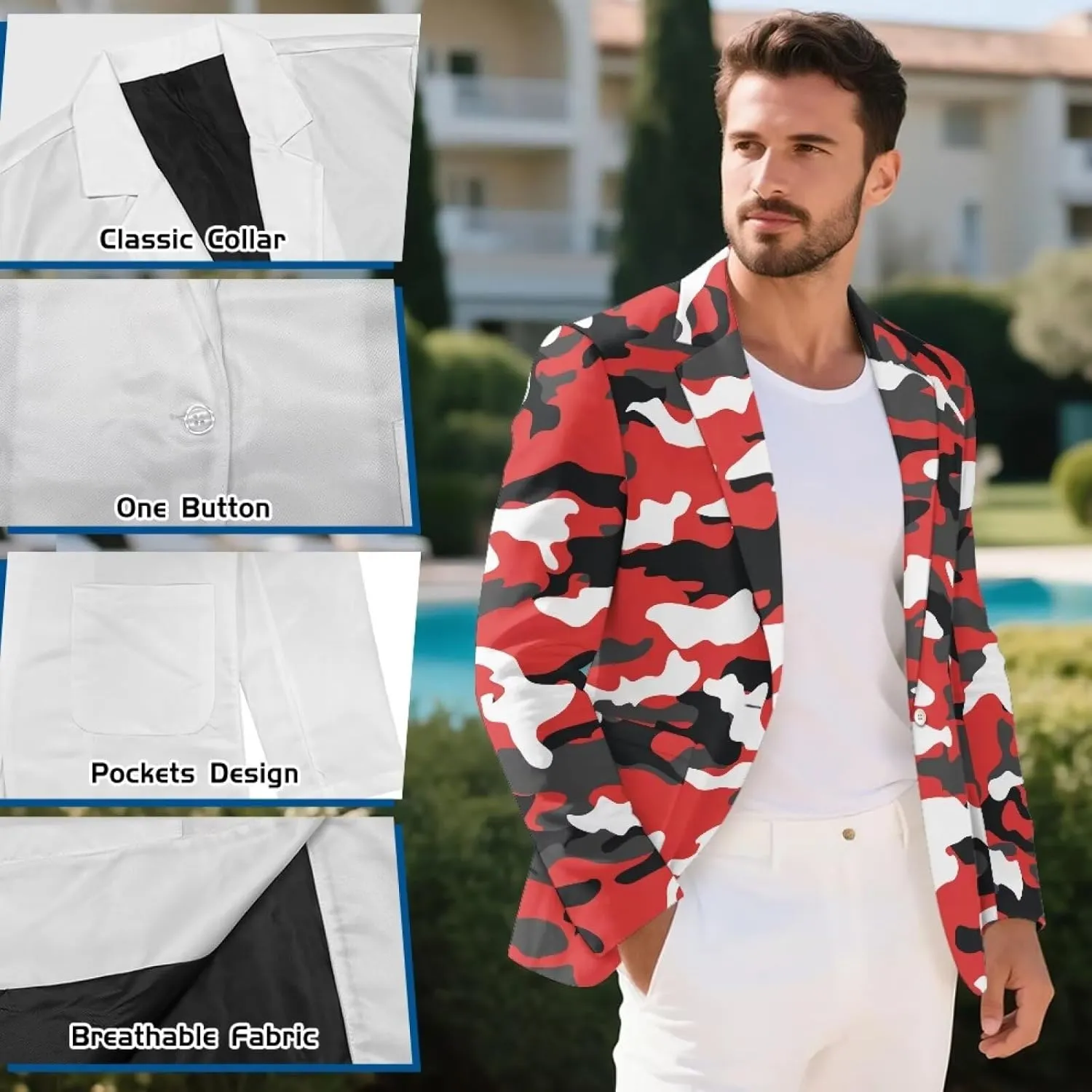 HUGS IDEA Camouflage Mens Blazer Jacket Lightweight Slim Fit Sport Coat Casual Suit Blazer