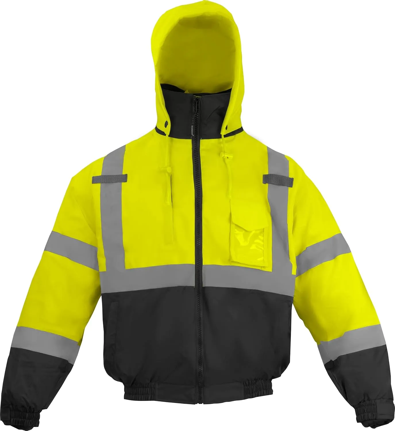 Ironwear 6410 Hi-Vis Premium Bomber Safety Jacket with Black Bottom | Rollaway Hood | Black Removable Polar Fleece Liner