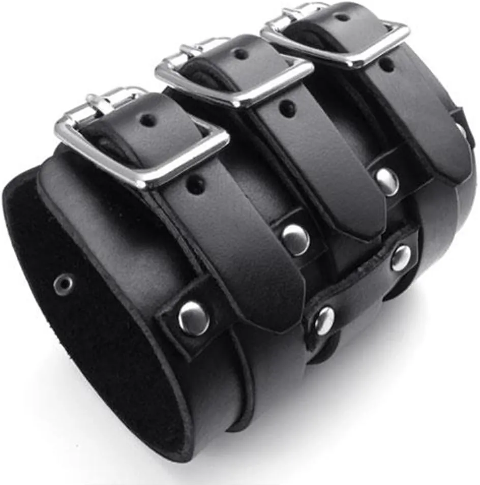jonline24h Wide Genuine Leather Mens Womens Bangle Cuff Bracelet Punk Rock Fits 7.5" to 9" Black Brown