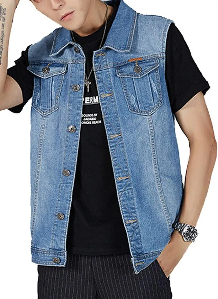 Kedera Men's Denim Vest Sleeveless Jean Vest Motorcycle Punk Black Blue Biker Plus Size Jacket