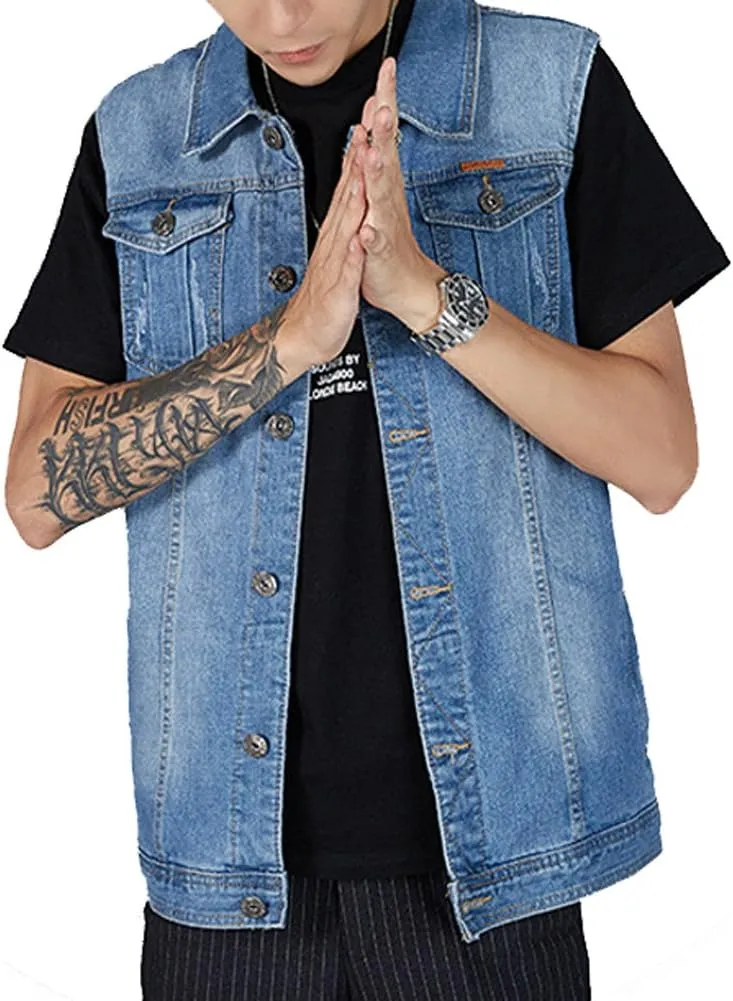 Kedera Men's Denim Vest Sleeveless Jean Vest Motorcycle Punk Black Blue Biker Plus Size Jacket